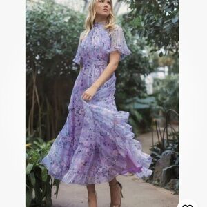 Mac Duggal Purple Floral Print High Neck Raglan Sleeve Dress Size 20 NEW $398